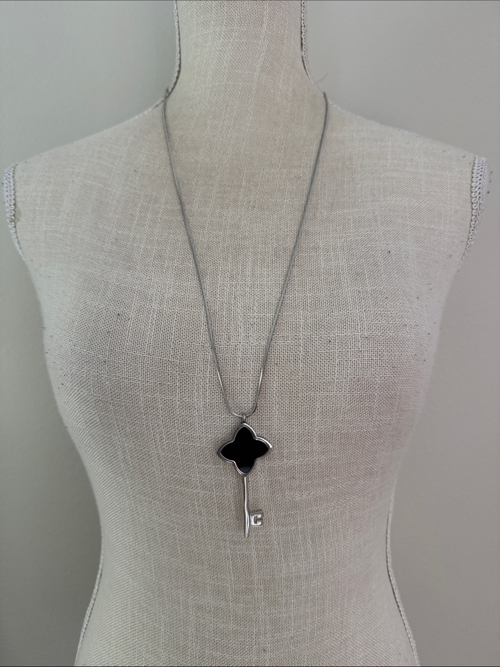 Silver Key Pendant Necklace with Black Clover Accent - Women Jewelry